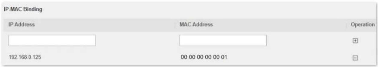 IP-MAC Binding IP Address MAC Address Operation 192.168.0.125 00 00 00 00 00 01 ⊕