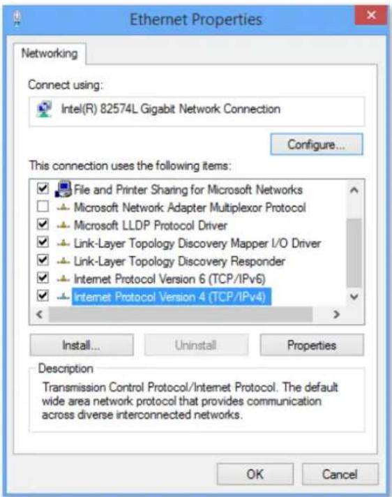 Ethernet Properties Networking Connect using: Intel(R) 82574L Gigabit Network Connection Configure... This connection uses the following items: ✓ File and Printer Sharing for Microsoft Networks □ Microsoft Network Adapter Multiplexor Protocol ✓ Microsoft LLDP Protocol Driver ✓ Link-Layer Topology Discovery Mapper I/O Driver ✓ Link-Layer Topology Discovery Responder ✓ Internet Protocol Version 6 (TCP/IPv6) ✓ Internet Protocol Version 4 (TCP/IPv4) Install... Uninstall Properties Description Transmission Control Protocol/Internet Protocol. The default wide area network protocol that provides communication across diverse interconnected networks. OK Cancel