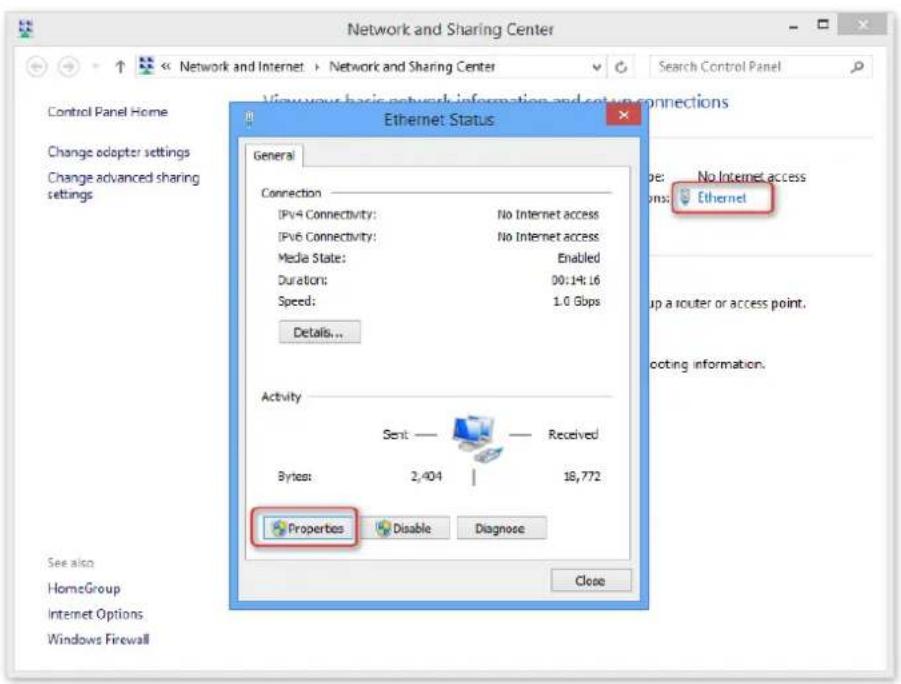 Network and Sharing Center Control Panel Home Change adopter settings Change advanced sharing settings Viewvaya basic network information and setup connections Ethernet Status General Connection IPv4 Connectivity: No Internet access IPv6 Connectivity: No Internet access Media State: Enabled Durations: 00:14:16 Speed: 1.0 Gbps Details... Activity Sent — Received Bytes: 2,404 | 18,772 Properties Disable Diagnose See also HomeGroup Internet Options Windows Firewall Close No Internet access Ethernet Up a router or access point. Connecting information.