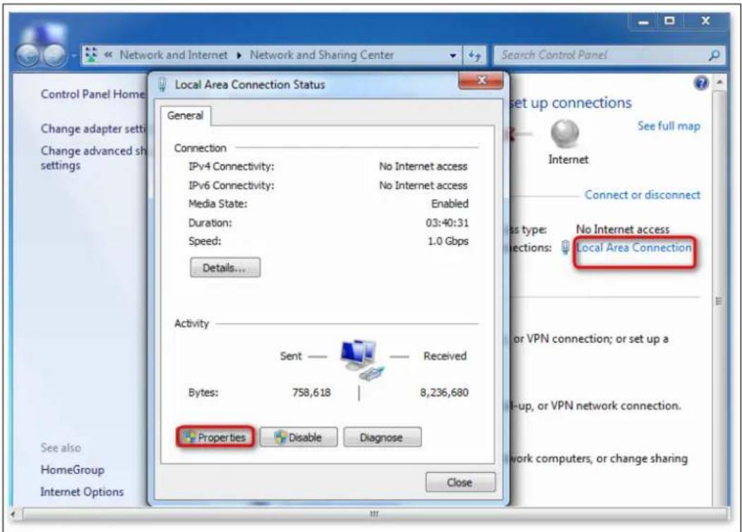 Network and Internet ▶ Network and Sharing Center Local Area Connection Status General Connection IPv4 Connectivity: No Internet access IPv6 Connectivity: No Internet access Media State: Enabled Duration: 03:40:31 Speed: 1.0 Gbps Details... Activity Sent — Received Bytes: 758,618 | 8,236,680 Properties Disable Diagnose Close See also HomeGroup Internet Options Control Panel Home Change adapter set Change advanced sh settings Set up connections See full map Internet Connect or disconnect Less type: No Internet access Rejections: Local Area Connection or VPN connection; or set up a I-up, or VPN network connection. Work computers, or change sharing