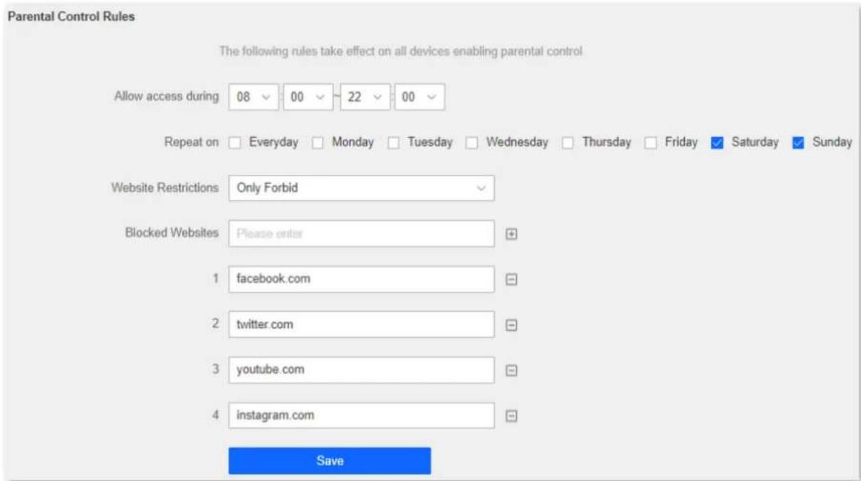 Parental Control Rules The following rules take effect on all devices enabling parental control Allow access during 08 00 22 00 Repeat on Everyday Monday Tuesday Wednesday Thursday Friday Saturday Sunday Website Restrictions Only Forbid Blocked Websites Please enter 1 facebook.com 2 twitter.com 3 youtube.com 4 instagram.com Save