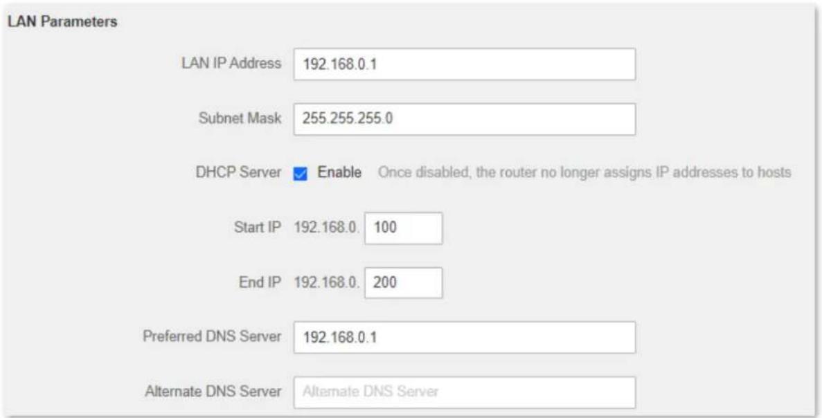 LAN Parameters LAN IP Address 192.168.0.1 Subnet Mask 255.255.255.0 DHCP Server ✓ Enable Once disabled, the router no longer assigns IP addresses to hosts Start IP 192.168.0. 100 End IP 192.168.0. 200 Preferred DNS Server 192.168.0.1 Alternate DNS Server Alternate DNS Server