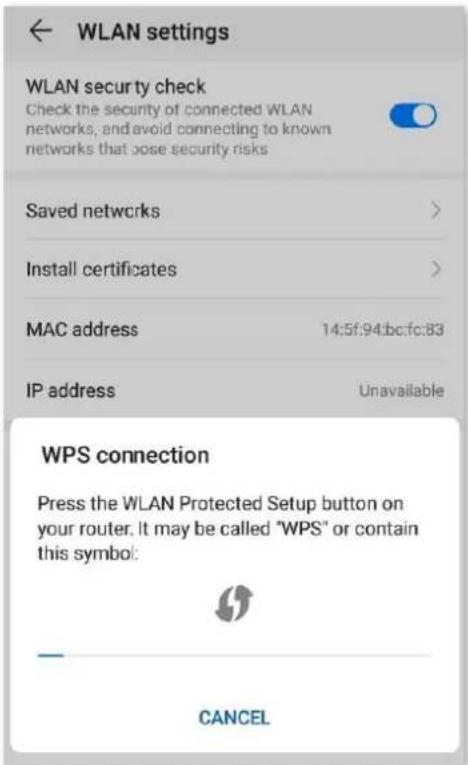 WLAN settings WLAN security check Check the security of connected WLAN networks; and avoid connecting to known networks that pose security risks Saved networks > Install certificates > MAC address 14:5f:94:bc:fc:83 IP address Unavailable WPS connection Press the WLAN Protected Setup button on your router. It may be called "WPS" or contain this symbol: CANCEL