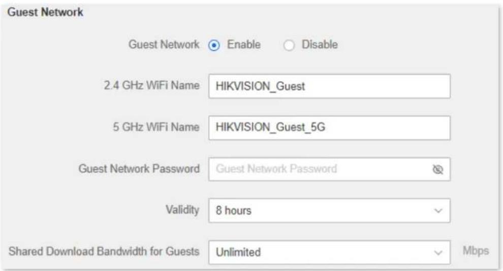 Guest Network Guest Network Enable Disable 2.4 GHz WiFi Name HIKVISION_Guest 5 GHz WiFi Name HIKVISION_Guest_5G Guest Network Password Guest Network Password Validity 8 hours Shared Download Bandwidth for Guests Unlimited Mbps