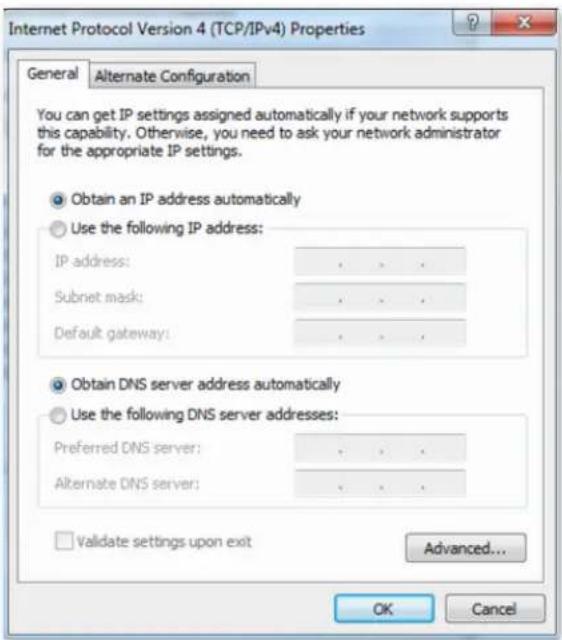 Internet Protocol Version 4 (TCP/IPv4) Properties General Alternate Configuration You can get IP settings assigned automatically if your network supports this capability. Otherwise, you need to ask your network administrator for the appropriate IP settings. Obtain an IP address automatically Use the following IP address: IP address: . Subnet mask: . Default gateway: . Obtain DNS server address automatically Use the following DNS server addresses: Preferred DNS server: . Alternate DNS server: . Validate settings upon exit Advanced... OK Cancel