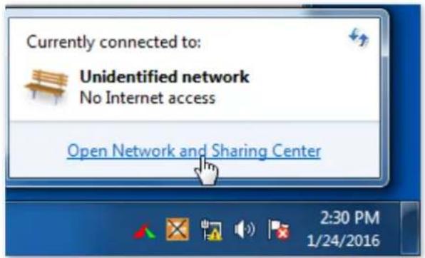 Currently connected to: Unidentified network No Internet access Open Network and Sharing Center 2:30 PM 1/24/2016