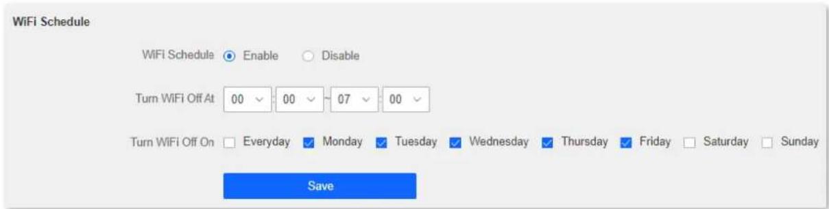 WiFi Schedule WiFi Schedule Enable Disable Turn WiFi Off At 00 00 07 00 Turn WiFi Off On Everyday Monday Tuesday Wednesday Thursday Friday Saturday Sunday Save