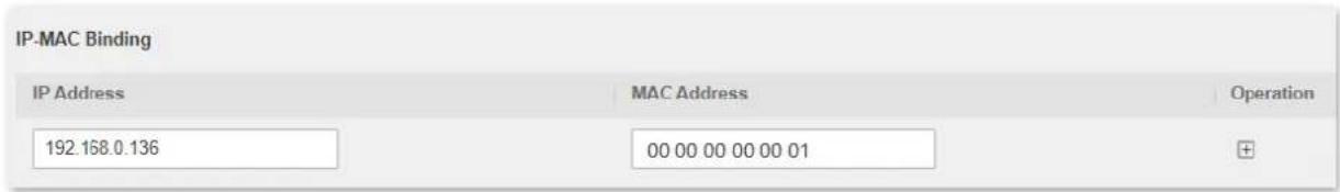 IP-MAC Binding IP Address MAC Address Operation 192.168.0.136 00 00 00 00 00 01 +