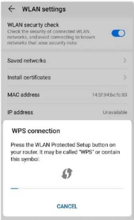 WLAN settings WLAN security check Check the security of connected WLAN networks; and avoid connecting to known networks that pose security risks Saved networks > Install certificates > MAC address 14:5f:94:bcf:83 IP address Unavailable WPS connection Press the WLAN Protected Setup button on your router. It may be called "WPS" or contain this symbol: CANCEL