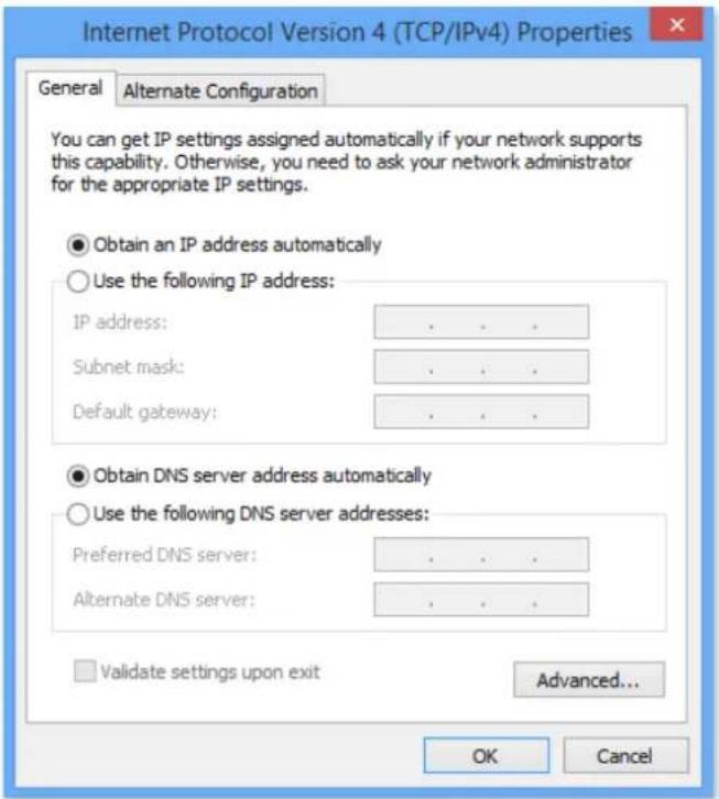 Internet Protocol Version 4 (TCP/IPv4) Properties General Alternate Configuration You can get IP settings assigned automatically if your network supports this capability. Otherwise, you need to ask your network administrator for the appropriate IP settings. Obtain an IP address automatically Use the following IP address: IP address: . Subnet mask: . Default gateway: . Obtain DNS server address automatically Use the following DNS server addresses: Preferred DNS server: . Alternate DNS server: . Validate settings upon exit Advanced... OK Cancel