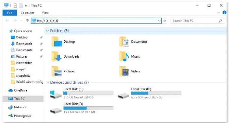 This PC File Computer View ftp:// X.X.X.X Search This PC Quick access Desktop Downloads Documents Pictures New folder sneps1 snapshots Win10 wired config Folders (6) Desktop Documents Downloads Music Pictures Videos Devices and drives (3) OneDrive This PC Network Homegroup Local Disk (C:) 316 GB free of 338 GB Local Disk (D:) 63.5 GB free of 97.5 GB Local Disk (E:) 15.3 GB free of 29.2 GB