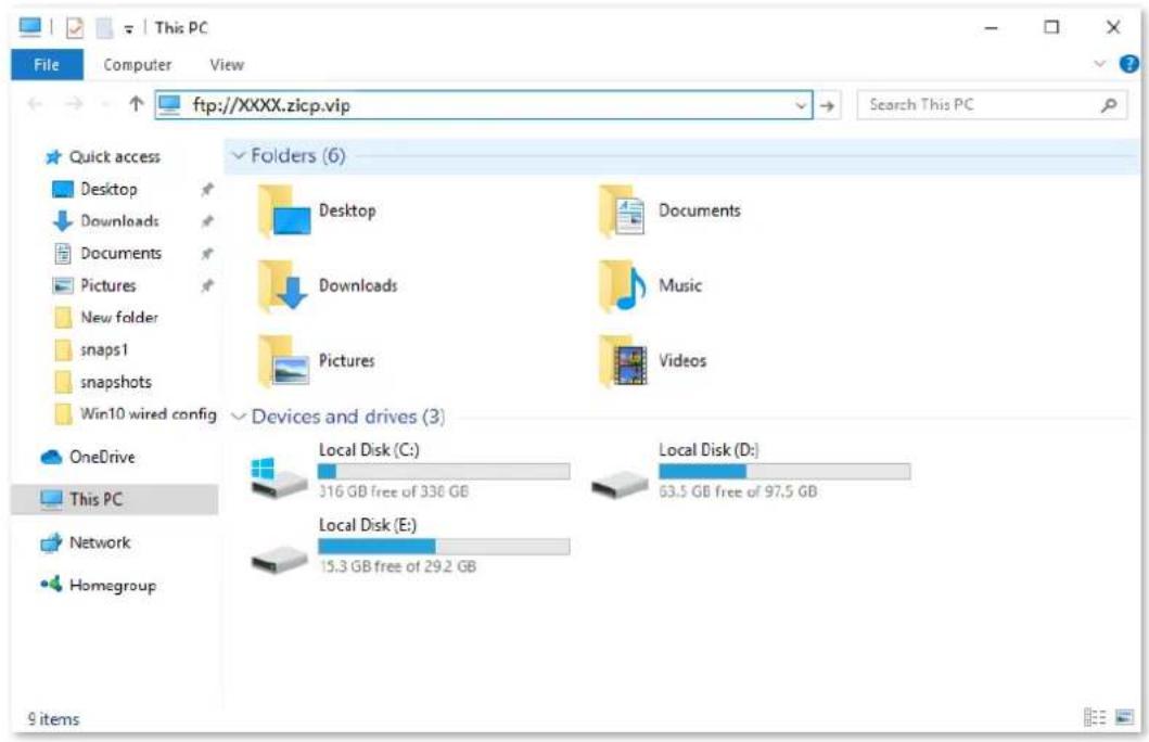 This PC File Computer View ftp://XXXX.zicp.vip Search This PC Quick access Desktop Downloads Documents Pictures New folder snaps1 snapshots Win10 wired config Folders (6) Desktop Documents Downloads Music Pictures Videos Devices and drives (3) OneDrive This PC Local Disk (C:) 316 GB free of 338 GB Local Disk (D:) 63.5 GB free of 97.5 GB Local Disk (E:) 15.3 GB free of 29.2 GB Network Homegroup 9 items