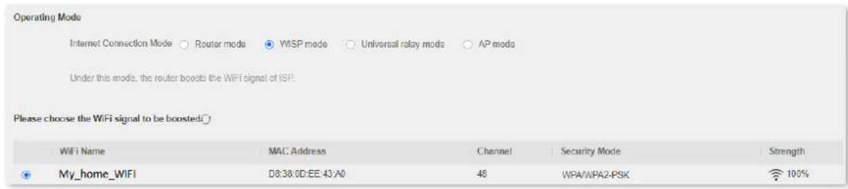 Operating Mode Internet Connection Mode ○ Router mode ● WISP mode ○ Universal relay mode ○ AP mode Under this mode, the router boosts the WIFI signal of ISP. Please choose the WiFi signal to be boosted() WiFi Name MAC Address Channel Security Mode Strength My_home_WIFI D8:38:0D:EE:43:A0 48 WPA/WPA2-PSK 100%