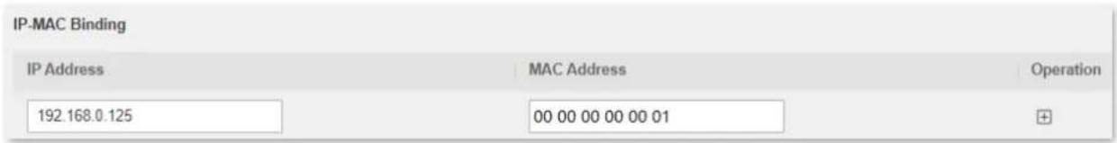 IP-MAC Binding IP Address MAC Address Operation 192.168.0.125 00 00 00 00 00 01 ⊕