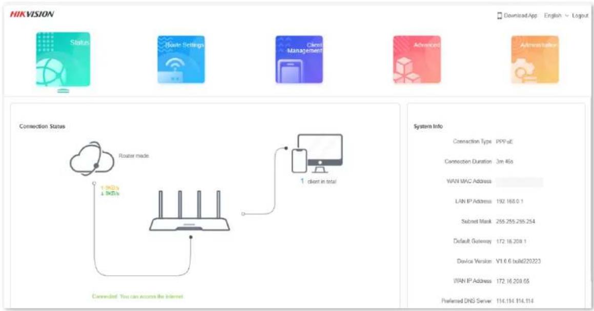 HIKVISION Status Route Settings Client Management Advanced Administrator Connection Status Router made 1.5KBs 1 KBs 1 client in total Connected: You can access the Internet System Info Connection Type PPP at: Connection Duration 3m 4Gb WAN MAC Address LAN IP Address 192.168.0.1 Subset Mask 255.255.255.254 Default Gateway 172.16.209.1 Device Version V1.0.6 build220223 WAN IP Address 172.16.209.65 Preferred DNS Server 114.114.114.114
