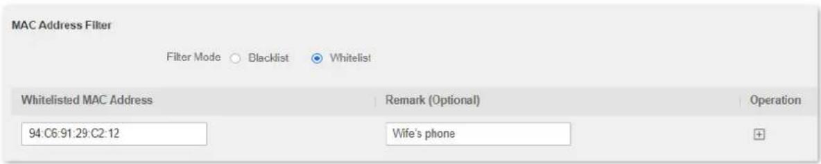 MAC Address Filter Filter Mode Blacklist Whitelist Whitelisted MAC Address Remark (Optional) Operation 94:C6:91:29:C2:12 Wife's phone
