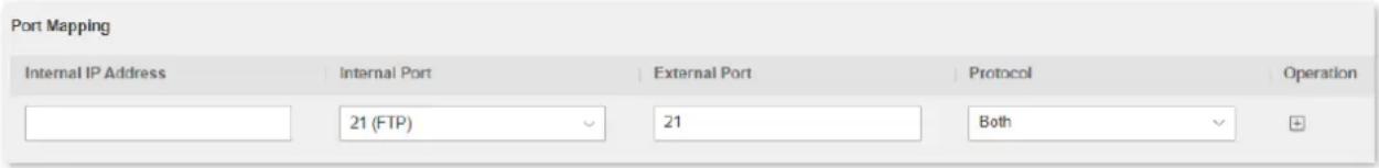 Port Mapping Internal IP Address Internal Port External Port Protocol Operation 21 (FTP) 21 Both +