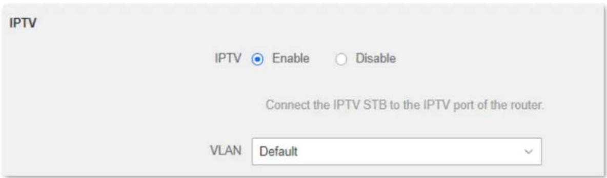 IPTV IPTV Enable Disable Connect the IPTV STB to the IPTV port of the router. VLAN Default