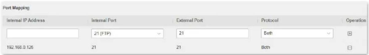 Port Mapping Internal IP Address Internal Port External Port Protocol Operation 21 (FTP) 21 Both 192.168.0.125 21 21 Both ☐