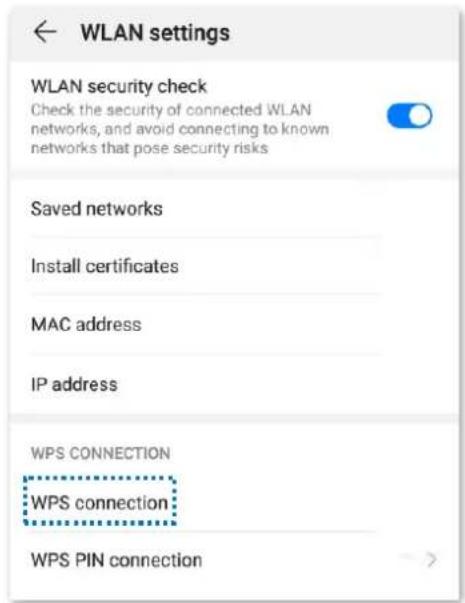WLAN settings WLAN security check Check the security of connected WLAN networks, and avoid connecting to known networks that pose security risks Saved networks Install certificates MAC address IP address WPS CONNECTION WPS connection WPS PIN connection