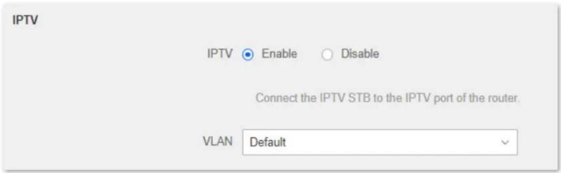IPTV IPTV Enable Disable Connect the IPTV STB to the IPTV port of the router. VLAN Default