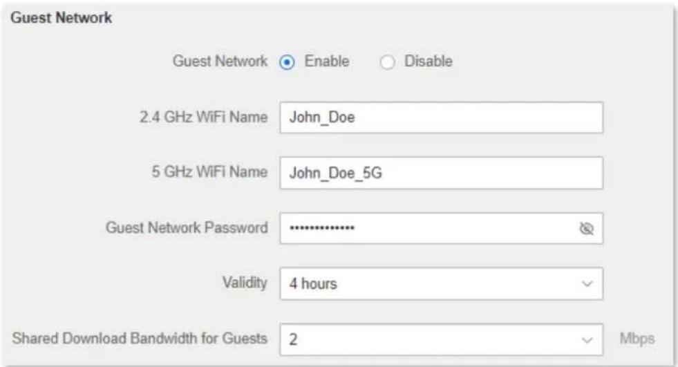 Guest Network Guest Network Enable Disable 2.4 GHz WiFi Name John_Doe 5 GHz WiFi Name John_Doe_5G Guest Network Password ******** Validity 4 hours Shared Download Bandwidth for Guests 2 Mbps