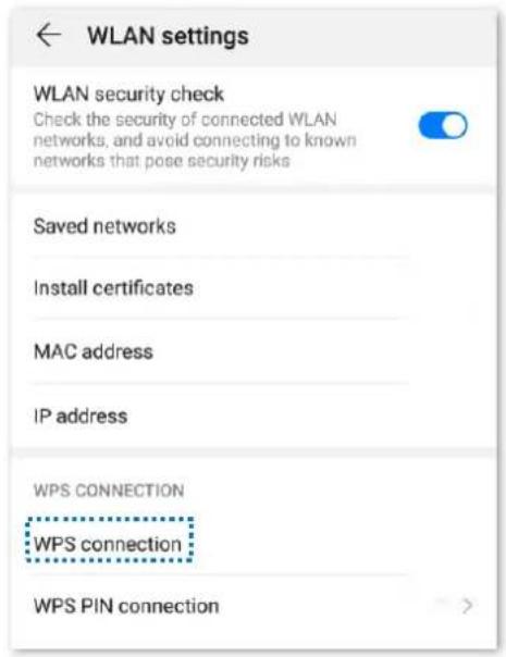 WLAN settings WLAN security check Check the security of connected WLAN networks, and avoid connecting to known networks that pose security risks Saved networks Install certificates MAC address IP address WPS CONNECTION WPS connection WPS PIN connection