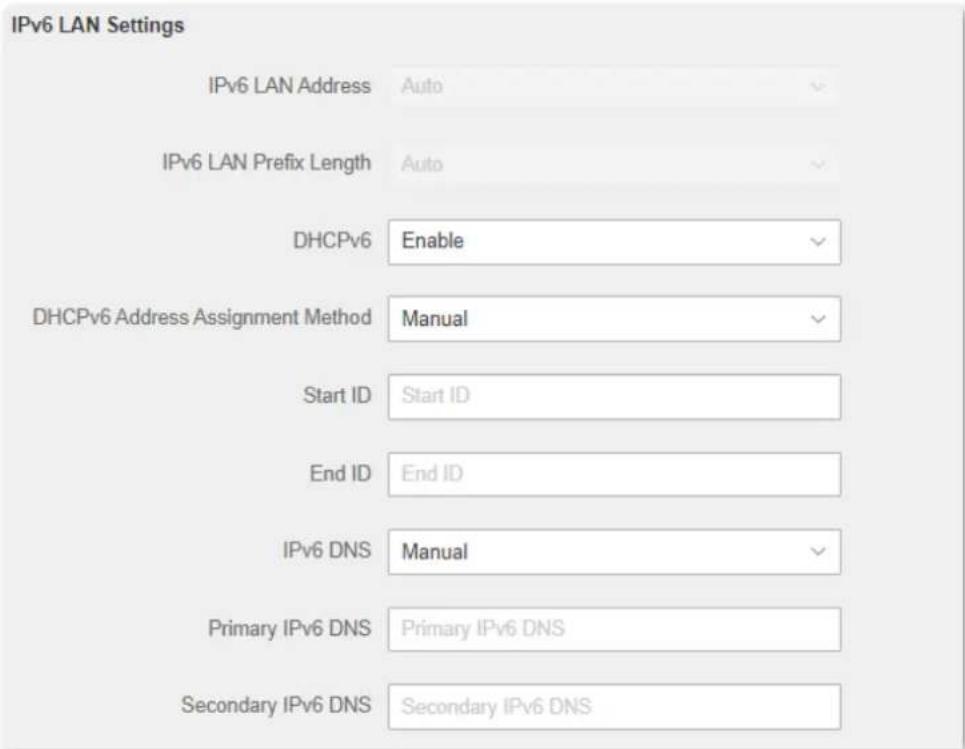 IPv6 LAN Settings IPv6 LAN Address Auto IPv6 LAN Prefix Length Auto DHCPv6 Enable DHCPv6 Address Assignment Method Manual Start ID Start ID End ID End ID IPv6 DNS Manual Primary IPv6 DNS Primary IPv6 DNS Secondary IPv6 DNS Secondary IPv6 DNS
