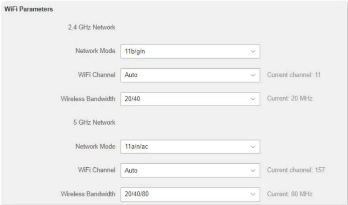 WiFi Parameters 2.4 GHz Network Network Mode 11b/g/n WiFi Channel Auto Current channel: 11 Wireless Bandwidth 20/40 Current: 20 MHz 5 GHz Network Network Mode 11a/n/ac WiFi Channel Auto Current channel: 157 Wireless Bandwidth 20/40/80 Current: 80 MHz
