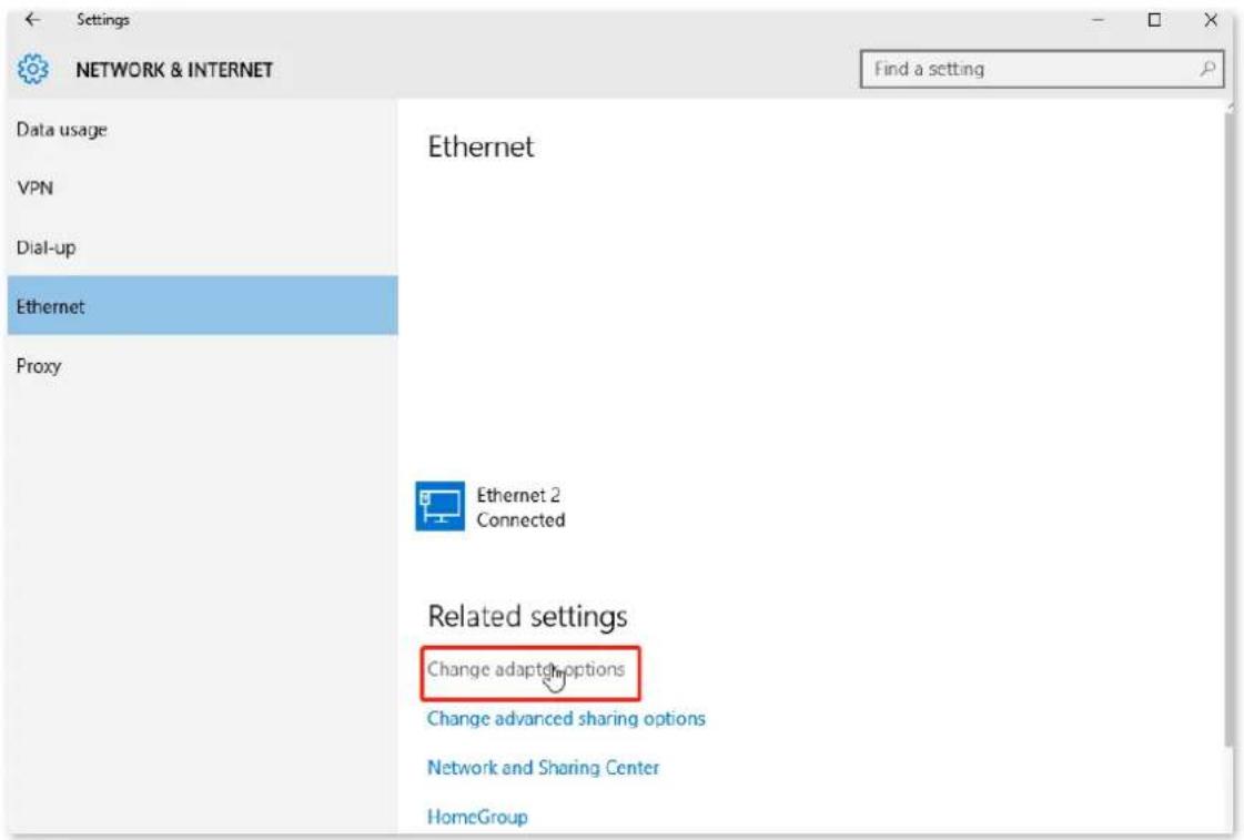 Settings NETWORK & INTERNET Data usage VPN Dial-up Ethernet Proxy Ethernet Ethernet 2 Connected Related settings Change adapter options Change advanced sharing options Network and Sharing Center HomeGroup Find a setting