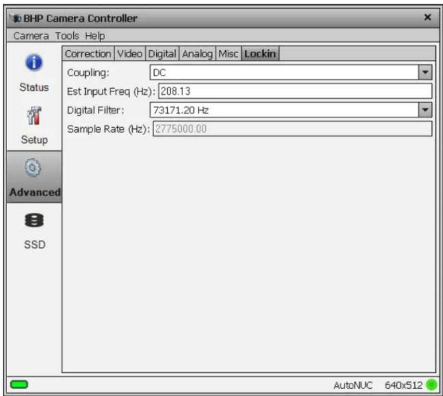 BHP Camera Controller Camera Tools Help Correction Video Digital Analog Misc Lockin Coupling: DC Est Input Freq (Hz): 208.13 Digital Filter: 73171.20 Hz Sample Rate (Hz): 2775000.00 Status Setup Advanced SSD AutoNUC 640x512