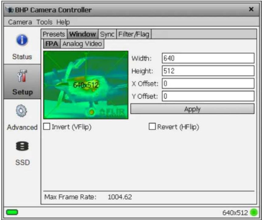 BHP Camera Controller Camera Tools Help Presets Window Sync Filter/Flag FPA Analog Video Width: 640 Height: 512 X Offset: 0 Y Offset: 0 Apply Advanced 640x512 Invert (VFlip) Revert (HFlip) Max Frame Rate: 1004.62 640x512