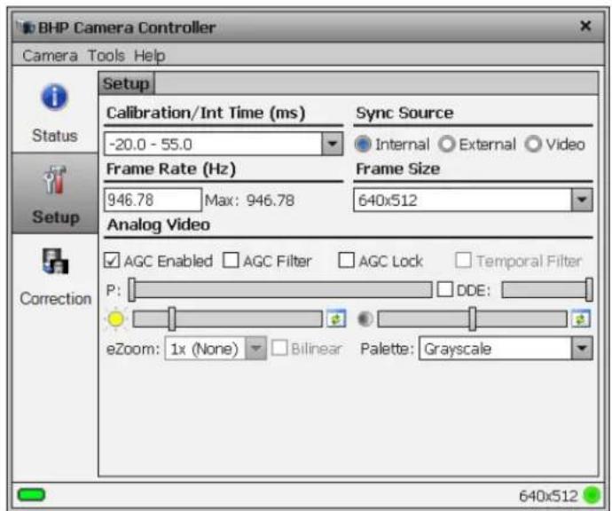 BHP Camera Controller Camera Tools Help Setup Status Setup Correction Calibration/Int Time (ms) -20.0 - 55.0 Frame Rate (Hz) 946.78 Max: 946.78 Analog Video Sync Source Internal External Video Frame Size 640x512 ✓ AGC Enabled □ AGC Filter □ AGC Lock □ Temporal Filter P: □ DDE: eZoom: 1x (None) □ Bilinear Palette: Grayscale 640x512