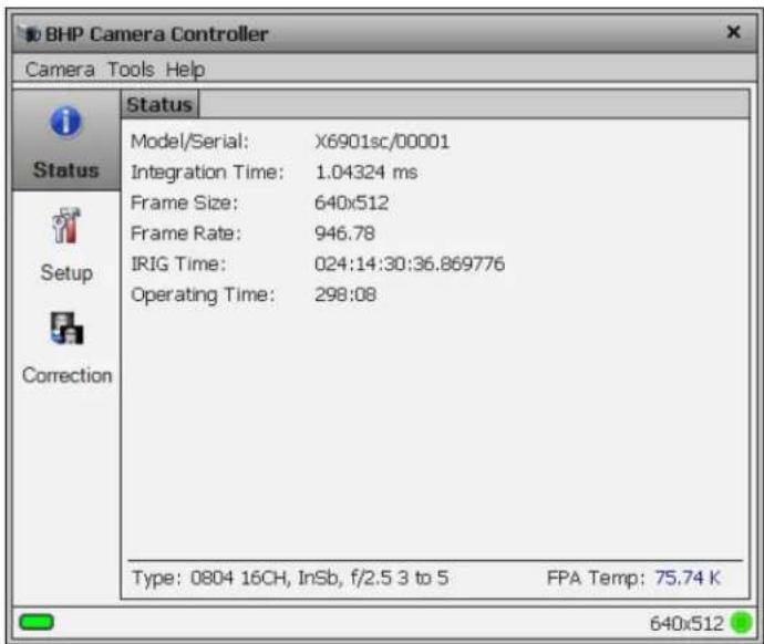 BHP Camera Controller Camera Tools Help Status Model/Serial: X6901sc/00001 Integration Time: 1.04324 ms Frame Size: 640x512 Frame Rate: 946.78 IRIG Time: 024:14:30:36.869776 Operating Time: 298:08 Type: 0804 16CH, InSb, f/2.5 3 to 5 FPA Temp: 75.74 K 640x512