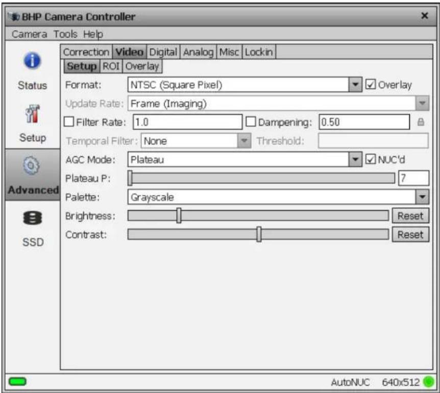BHP Camera Controller Camera Tools Help Correction Video Digital Analog Misc Lockin Setup ROI Overlay Format: NTSC (Square Pixel) ✓ Overlay Update Rate: Frame (Imaging) Filter Rate: 1.0 □ Dampening: 0.50 Temporal Filter: None Threshold: AGC Mode: Plateau ✓ NUC'd Plateau P: 7 Palette: Grayscale Brightness: Reset Contrast: Reset AutoNUC 640x512 Status Setup Advanced SSD