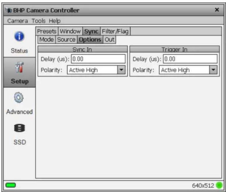 BHP Camera Controller Camera Tools Help Presets Window Sync Filter/Flag Mode Source Options Out Sync In Delay (us): 0.00 Polarity: Active High Trigger In Delay (us): 0.00 Polarity: Active High 640x512 Status Setup Advanced SSD
