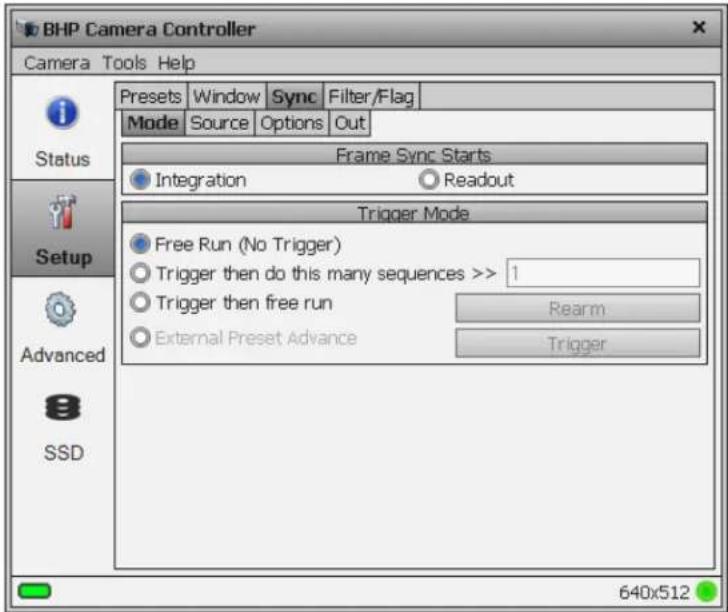 BHP Camera Controller Camera Tools Help Presets Window Sync Filter/Flag Mode Source Options Out Status Frame Sync Starts Integration Readout Trigger Mode Free Run (No Trigger) Trigger then do this many sequences >> 1 Trigger then free run External Preset Advance Rearm Trigger 640x512 Advanced SSD