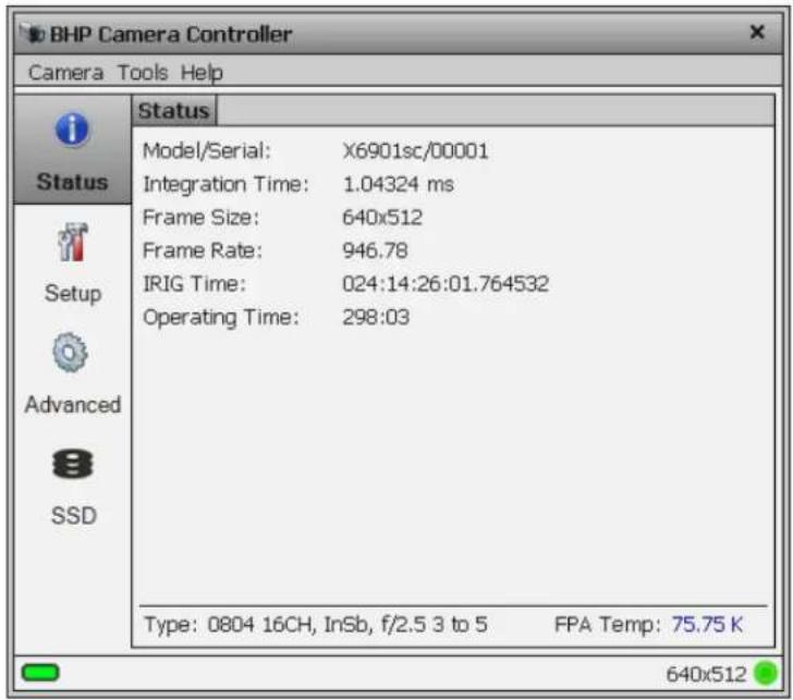 BHP Camera Controller Camera Tools Help Status Model/Serial: X6901sc/00001 Integration Time: 1.04324 ms Frame Size: 640x512 Frame Rate: 946.78 IRIG Time: 024:14:26:01.764532 Operating Time: 298:03 Type: 0804 16CH, InSb, f/2.5 3 to 5 FPA Temp: 75.75 K 640x512