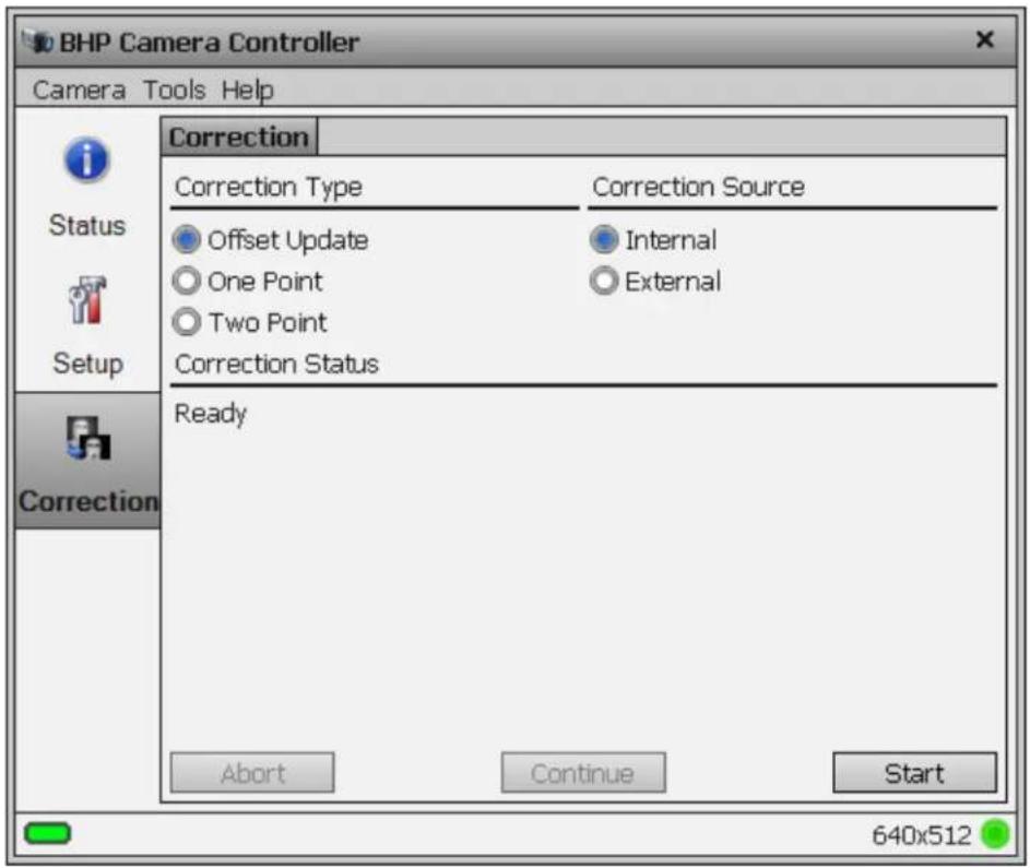 BHP Camera Controller Camera Tools Help i Status Setup Correction Correction Type Correction Source Offset Update Internal One Point External Two Point Correction Status Ready Abort Continue Start 640x512