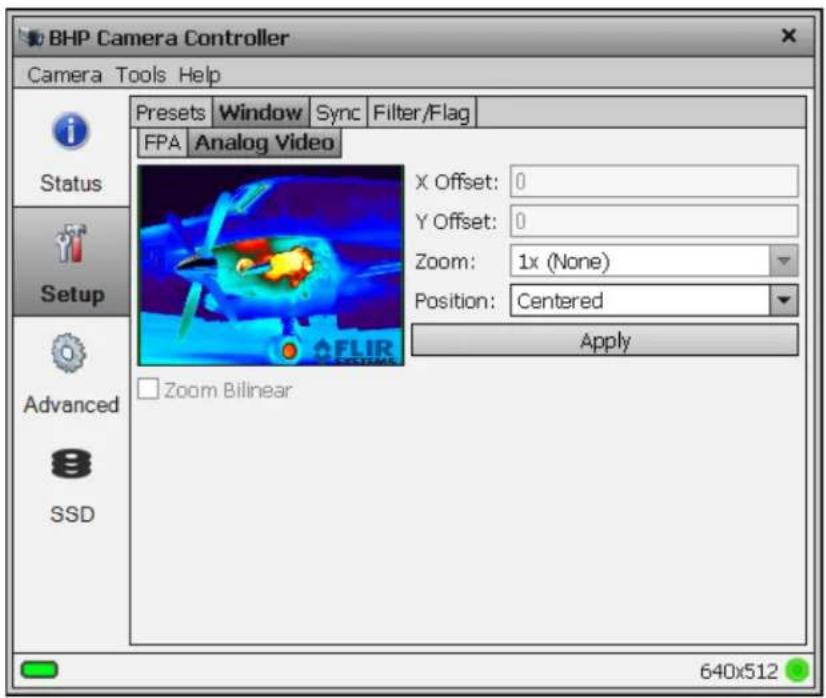 BHP Camera Controller Camera Tools Help Presets Window Sync Filter/Flag FPA Analog Video Status Setup Advanced SSD X Offset: 0 Y Offset: 0 Zoom: 1x (None) Position: Centered Apply Zoom Bilinear 640x512