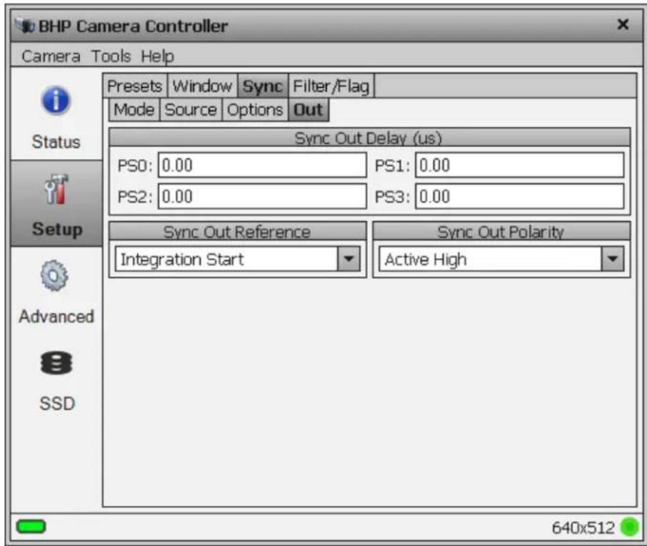 BHP Camera Controller Camera Tools Help Presets Window Sync Filter/Flag Mode Source Options Out Sync Out Delay (us) PS0: 0.00 PS1: 0.00 PS2: 0.00 PS3: 0.00 Sync Out Reference Sync Out Polarity Integration Start Active High 640x512 Status Setup Advanced SSD