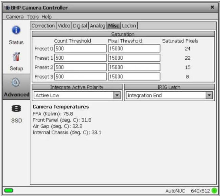 BHP Camera Controller Camera Tools Help Correction Video Digital Analog Misc Lockin Status Setup Advanced SSD Saturation Count Threshold Pixel Threshold Saturated Pixels Preset 0 500 15000 24 Preset 1 500 15000 22 Preset 2 500 15000 15 Preset 3 500 15000 8 Integrate Active Polarity IRIG Latch Active Low Integration End Camera Temperatures FPA (Kelvin): 75.8 Front Panel (deg. C): 31.8 Air Gap (deg. C): 32.2 Internal Chassis (deg. C): 33.1 AutoNUC 640x512