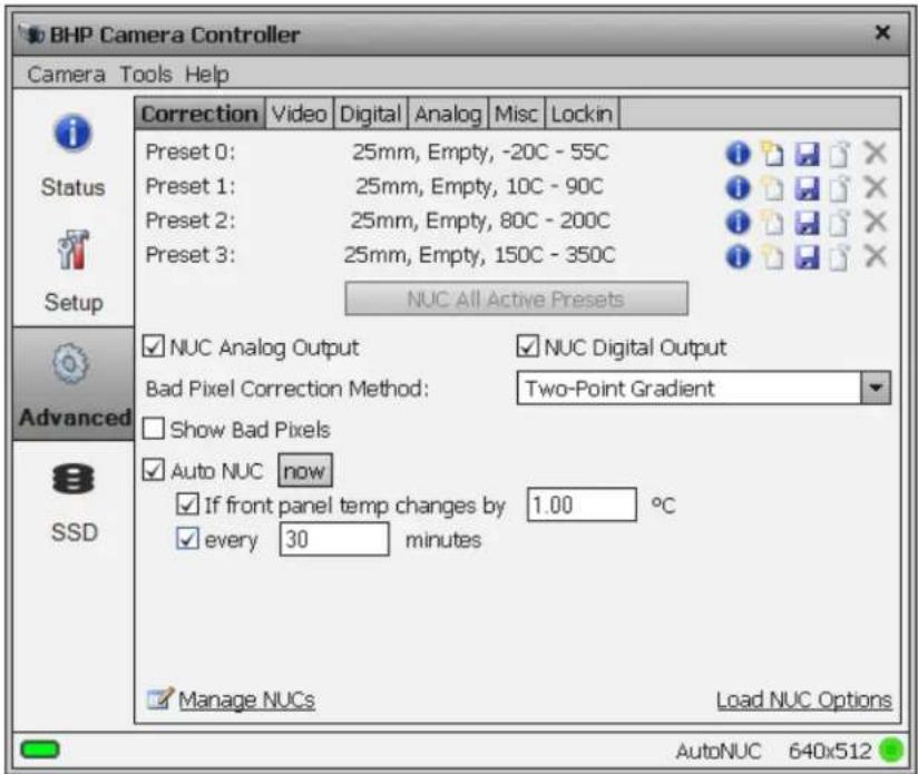 BHP Camera Controller Camera Tools Help Correction Video Digital Analog Misc Lockin Preset 0: 25mm, Empty, -20C - 55C Preset 1: 25mm, Empty, 10C - 90C Preset 2: 25mm, Empty, 80C - 200C Preset 3: 25mm, Empty, 150C - 350C NUC All Active Presets ✓ NUC Analog Output ✓ NUC Digital Output Bad Pixel Correction Method: Two-Point Gradient □ Show Bad Pixels ✓ Auto NUC now ✓ If front panel temp changes by 1.00 °C ✓ every 30 minutes ✓ Manage NUCs Load NUC Options AutoNUC 640x512