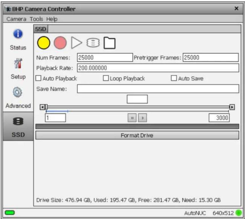 BHP Camera Controller Camera Tools Help i Status Setup Advanced SSD Num Frames: 25000 Pretrigger Frames: 25000 Playback Rate: 200.000000 Auto Playback Loop Playback Auto Save Save Name: 1 3000 Format Drive Drive Size: 476.94 GB, Used: 195.47 GB, Free: 281.47 GB, Need: 15.30 GB AutoNUC 640x512