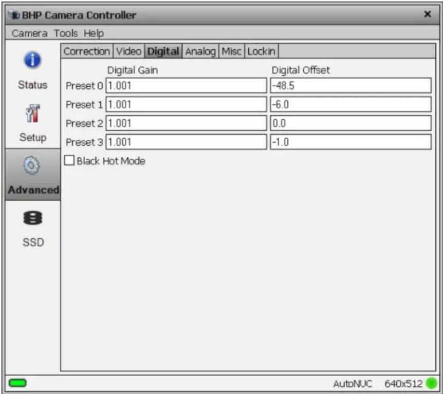 BHP Camera Controller Camera Tools Help Correction Video Digital Analog Misc Lockin Digital Gain Digital Offset Preset 0 1.001 -48.5 Preset 1 1.001 -6.0 Preset 2 1.001 0.0 Preset 3 1.001 -1.0 □ Black Hot Mode Status Setup Advanced SSD AutoNUC 640x512