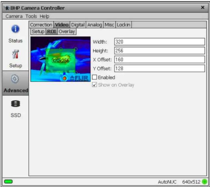 BHP Camera Controller Camera Tools Help Correction Video Digital Analog Misc Lockin Setup ROI Overlay Width: 320 Height: 256 X Offset: 160 Y Offset: 128 Enabled Show on Overlay AutoNUC 640x512 Status Setup Advanced SSD