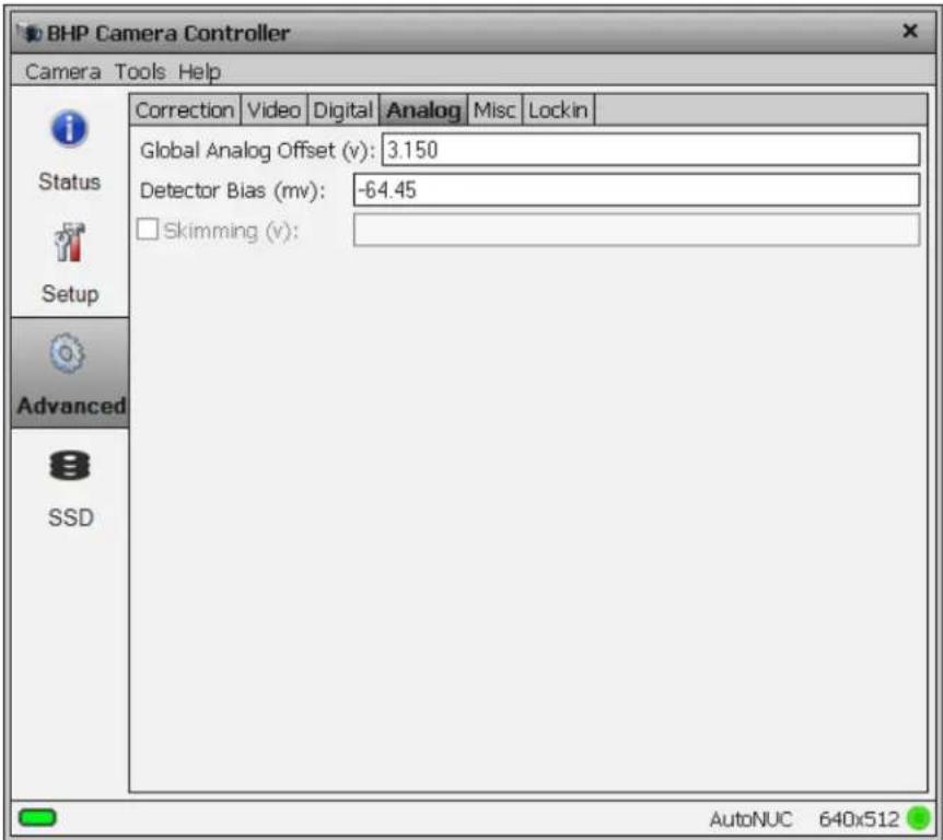 BHP Camera Controller Camera Tools Help Correction Video Digital Analog Misc Lockin Global Analog Offset (v): 3.150 Detector Bias (mv): -64.45 Skimming (v): Advanced SSD AutoNUC 640x512