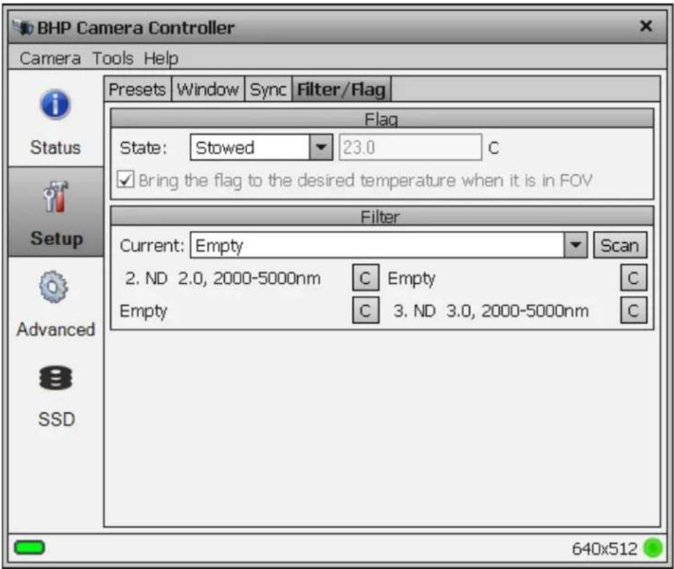 BHP Camera Controller Camera Tools Help Presets Window Sync Filter/Flag Status Setup Advanced SSD Flag State: Stowed 23.0 C Bring the flag to the desired temperature when it is in FOV Filter Current: Empty Scan 2. ND 2.0, 2000-5000nm C Empty C Empty C 3. ND 3.0, 2000-5000nm C 640x512