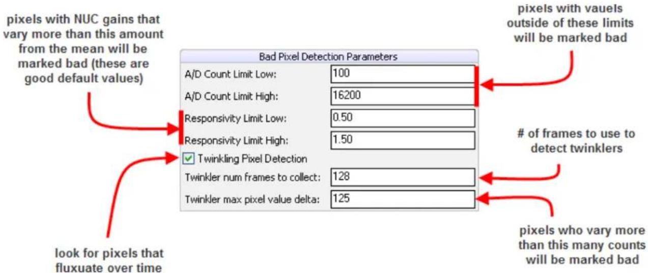 pixels with NUC gains that vary more than this amount from the mean will be marked bad (these are good default values) pixels with valuels outside of these limits will be marked bad A/D Count Limit Low: 100 A/D Count Limit High: 16200 Responsivity Limit Low: 0.50 Responsivity Limit High: 1.50 ✓ Twinkling Pixel Detection Twinkler num frames to collect: 128 Twinkler max pixel value delta: 125 look for pixels that fluxuate over time of frames to use to detect twinklers pixels who vary more than this many counts will be marked bad