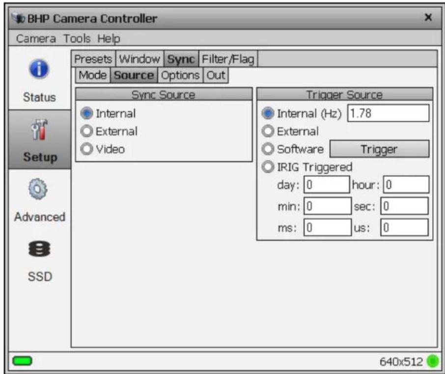 BHP Camera Controller Camera Tools Help Presets Window Sync Filter/Flag Mode Source Options Out Sync Source Internal External Video Trigger Source Internal (Hz) 1.78 External Software Trigger IRIG Triggered day: 0 hour: 0 min: 0 sec: 0 ms: 0 us: 0 640x512 Status Setup Advanced SSD